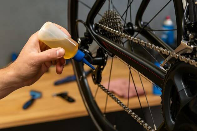 Close-up van een hand die olie aanbrengt op een racefietsketting
