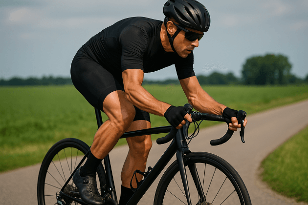 Wielrenner op de pedalen tijdens krachttraining op licht hellende weg