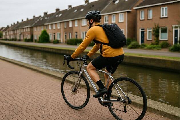 Fietser op aluminium racefiets in stedelijke omgeving