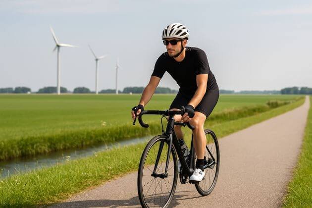 Wielrenner in geel fietsshirt rijdt op een landweg tussen weilanden