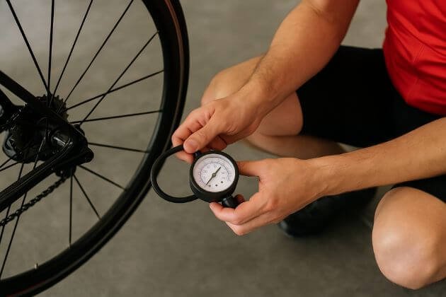 Wielrenner controleert bandenspanning met drukmeter bij racefiets