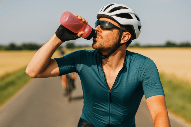 Wielrenner drinkt uit bidon tijdens warme fietstocht over landelijke weg.