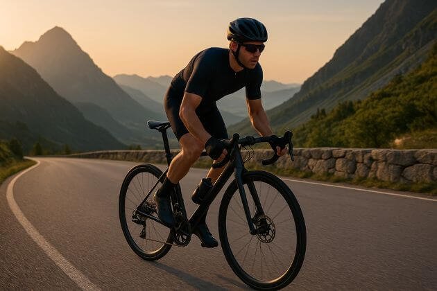 Fietser rijdt bergop op een carbon racefiets bij zonsopkomst