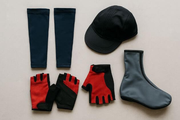 Wieleraccessoires in kleur op neutrale ondergrond: armstukken, handschoenen, pet en overschoen