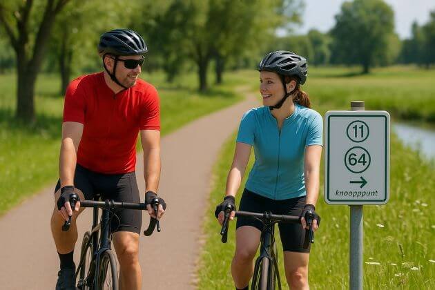 Twee wielrenners rijden langs een knooppuntenbord in de natuur