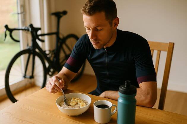 Wielrenner eet havermout met banaan voor de rit