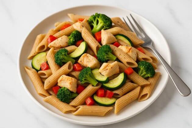 Wat moet je eten voor een lange fietstocht?Volkoren pasta met kip en groenten op een bord