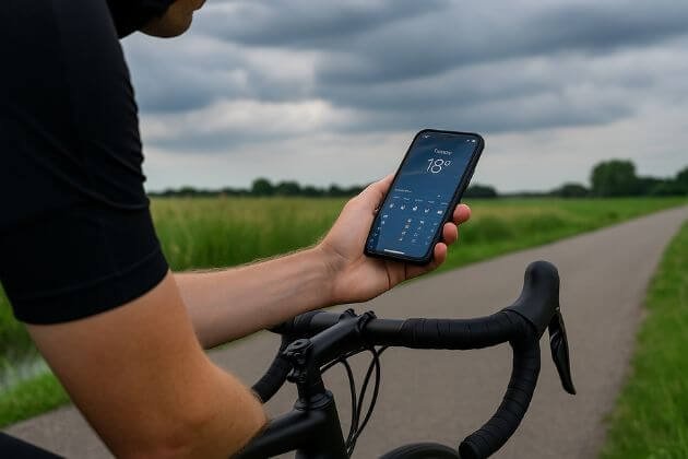 Fietser bekijkt weerapp op smartphone tijdens rit