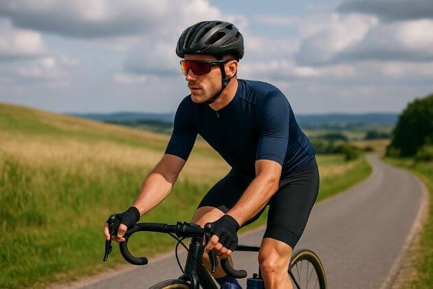 Man op racefiets met complete wielerkleding set op landelijke weg