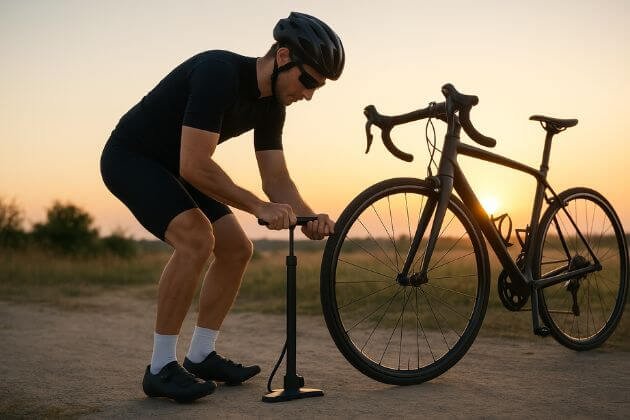 Wielrenner gebruikt fietspomp bij zonsopgang
