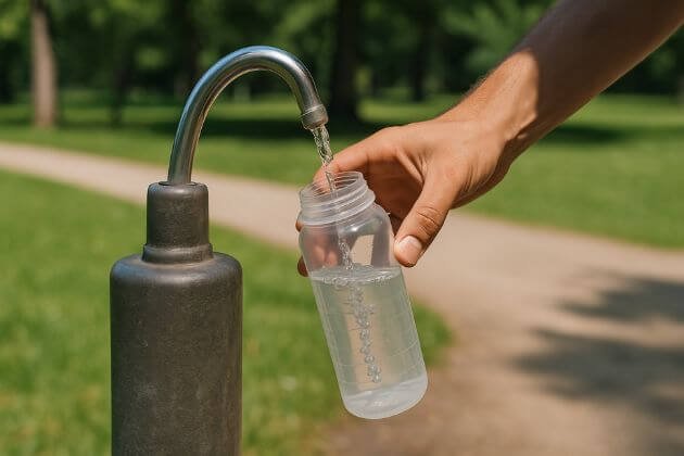 Hand vult transparante bidon zonder dop met helder water