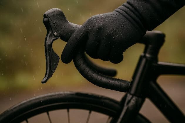 beste racefiets voor beginners. Hand in zwarte handschoen knijpt racefietsrem in tijdens regenrit