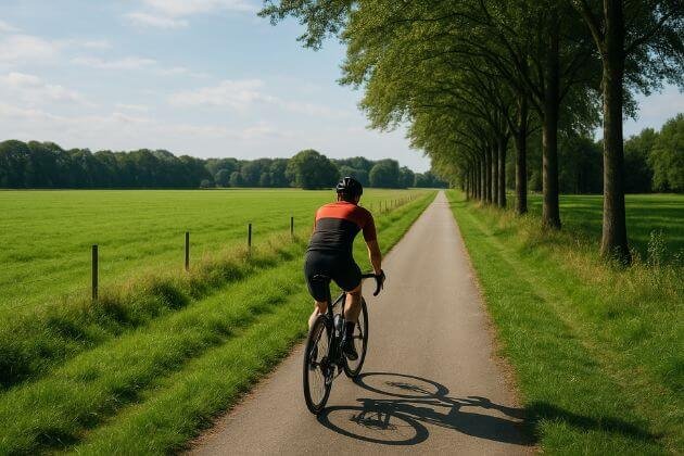 Wielrenner op rustige weg in Drenthe, onderdeel van de mooiste wielrenroutes in Nederland