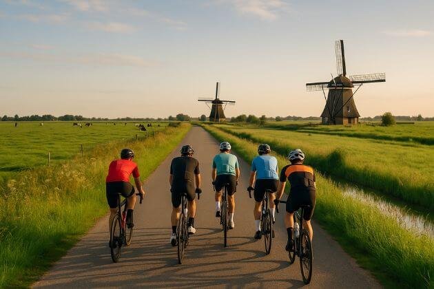 Groep wielrenners fietst over een van de mooiste wielrenroutes in Nederland langs weilanden en traditionele molens.
