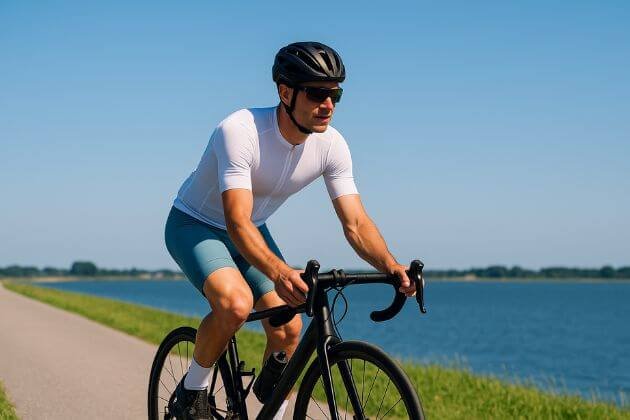 Wielrenner in wit shirt fietst op zonnige dag langs dijk - wat is de beste wielerkleding voor de zomer